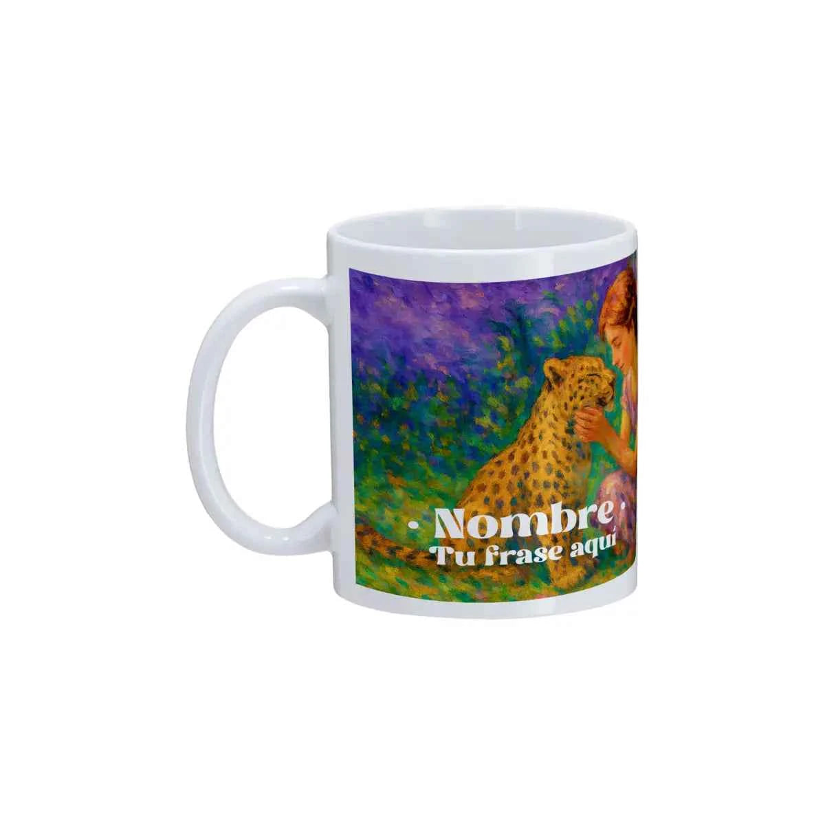 Taza personalizada diseño leopardo con escena de niña acariciando a un leopardo en tonos vibrantes