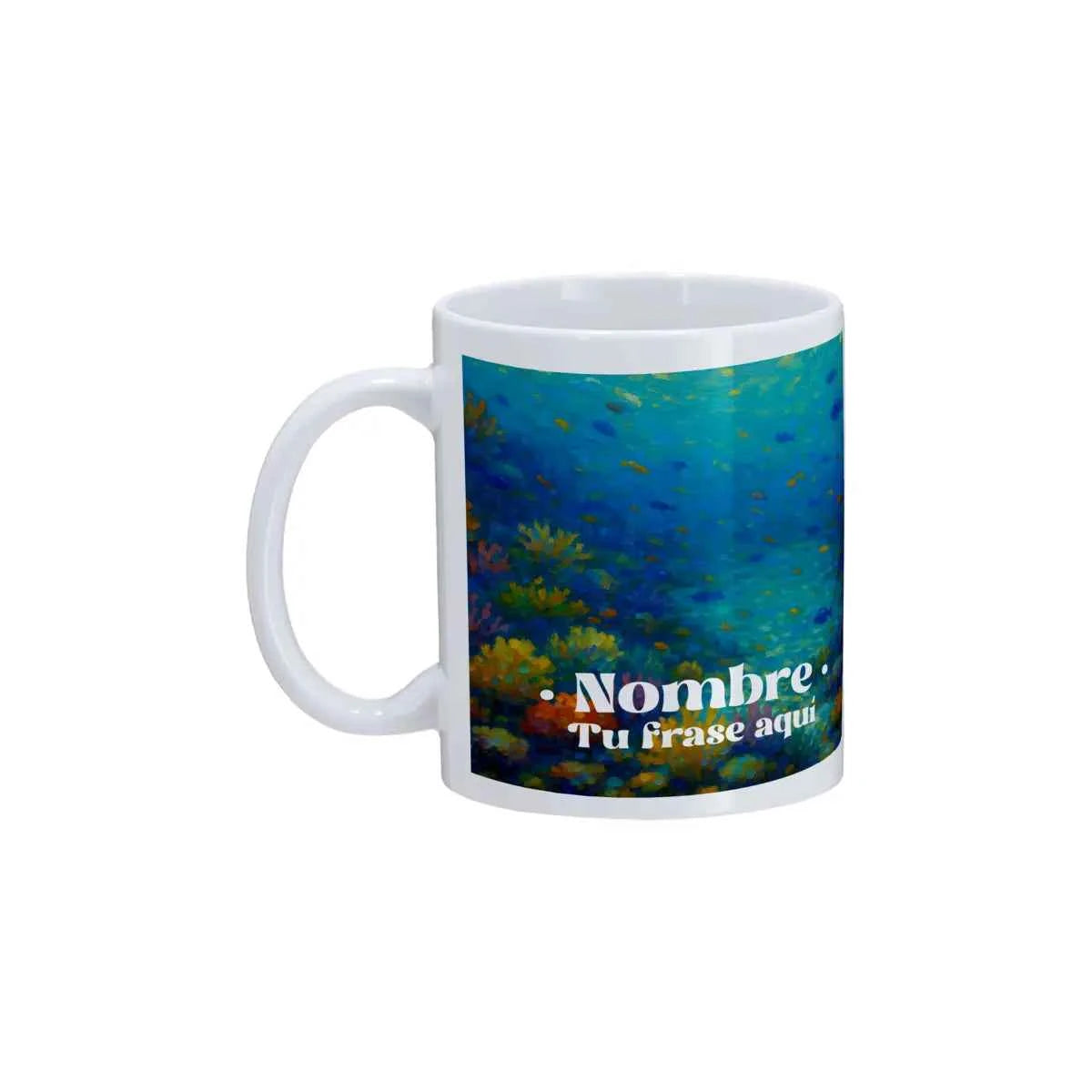 Taza de desayuno personalizada con el estampado Paisaje Fondo Marino en tonos azules y turquesas.