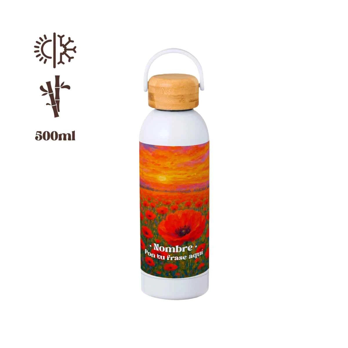 Bidón térmico personalizable Amapolas con tapa de bambú y estampado de campo rojo al atardecer.