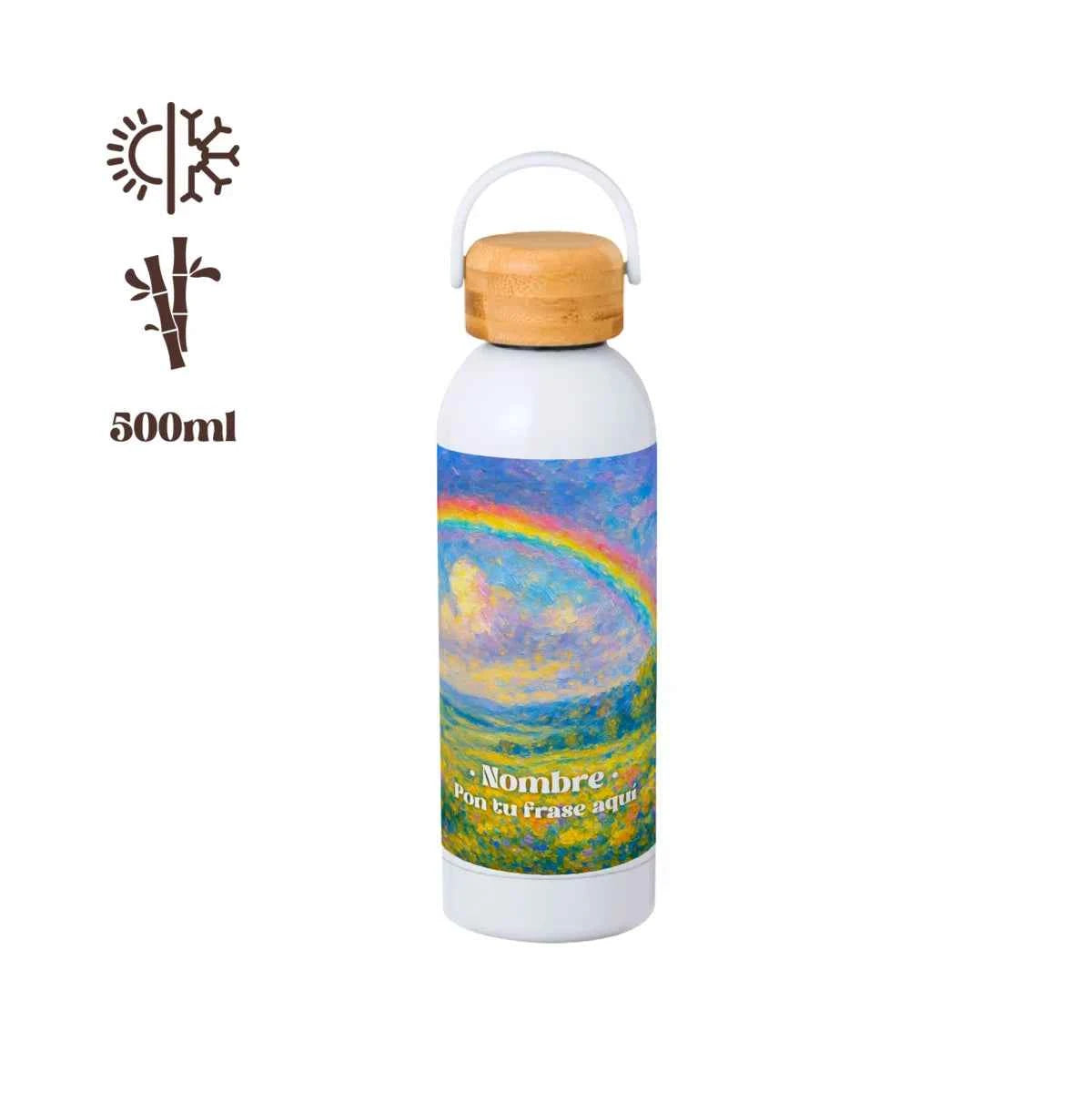 Bidón térmico personalizable Arcoíris con tapa de bambú y estampado colorido de arcoíris y paisaje natural.