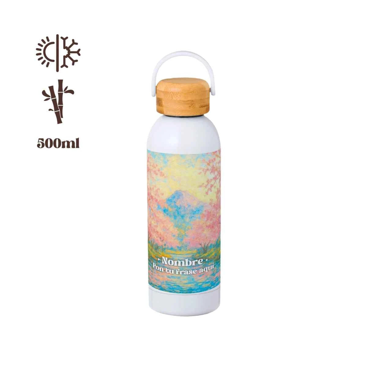 Bidón térmico Cerezos de 500 ml con ilustración pastel y tapón de bambú.