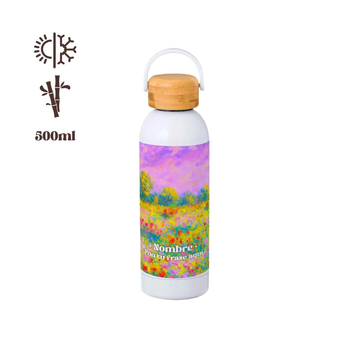 Bidón térmico de 500 ml personalizado, con estampado Floral Impresionista en tonos vivos.