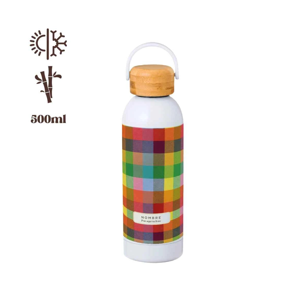 Bidón térmico personalizable Pixel Party con estampado multicolor y tapón de bambú.