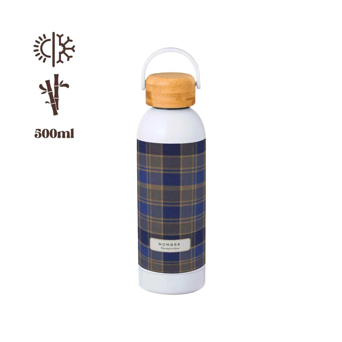 Bidón térmico 500 ml con estampado tartán azul y tapón de bambú.