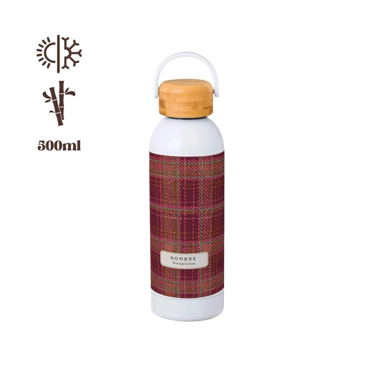 Bidón térmico 500 ml con estampado tartán granate y tapón de bambú.