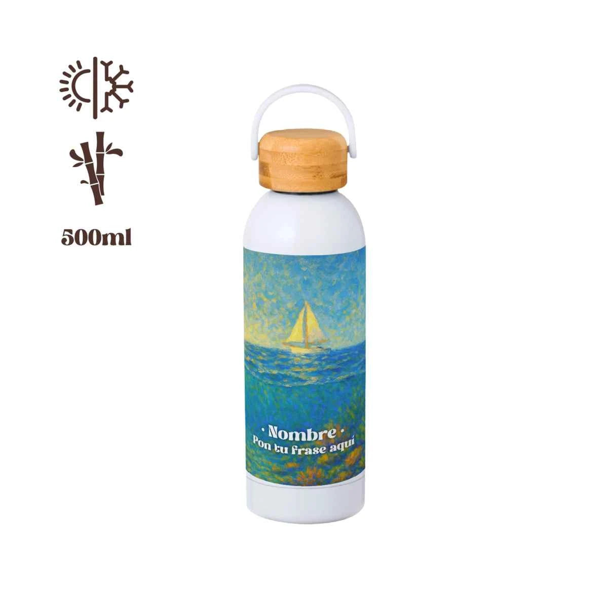 Bidón térmico personalizado de 500 ml con estampado Velero en tonos azules y turquesas.