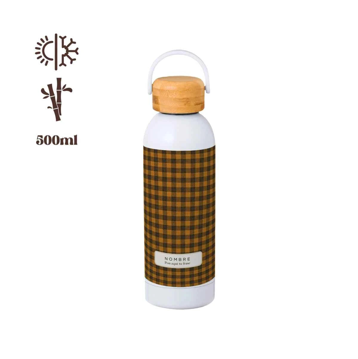 Bidón térmico 500 ml con estampado Vichy Bee en tonos miel y tapón de bambú.