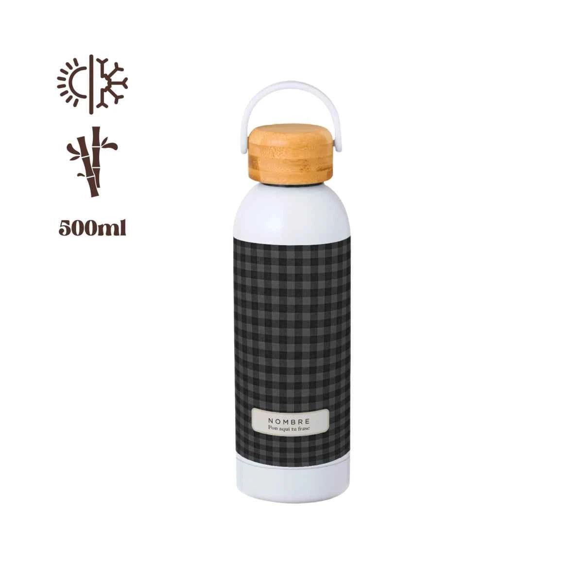 Bidón térmico 500 ml con estampado vichy gris y tapón de bambú.