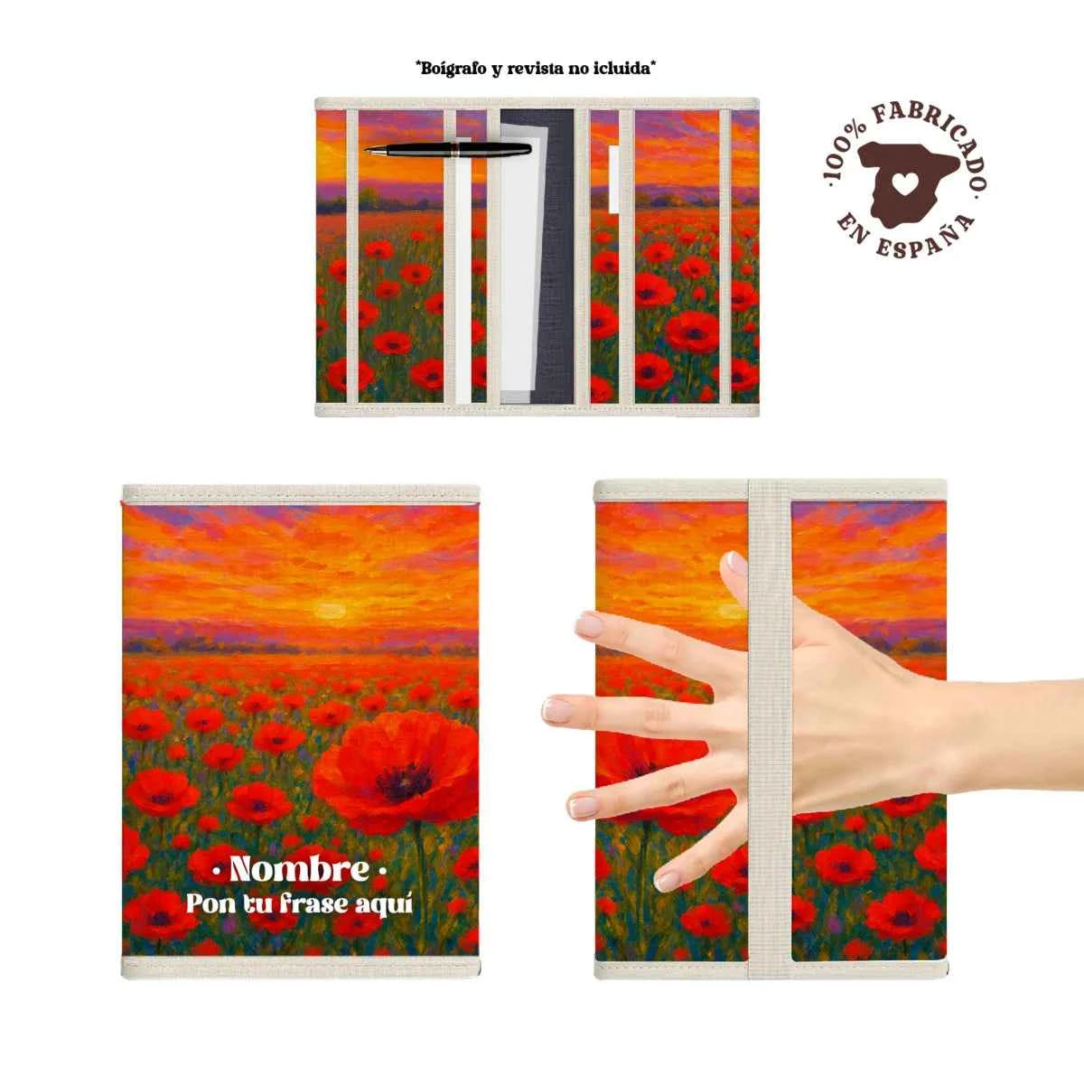 Portadocumentos Amapolas en tonos rojos y cálidos, acolchado, ligero y fabricado 100% en España.