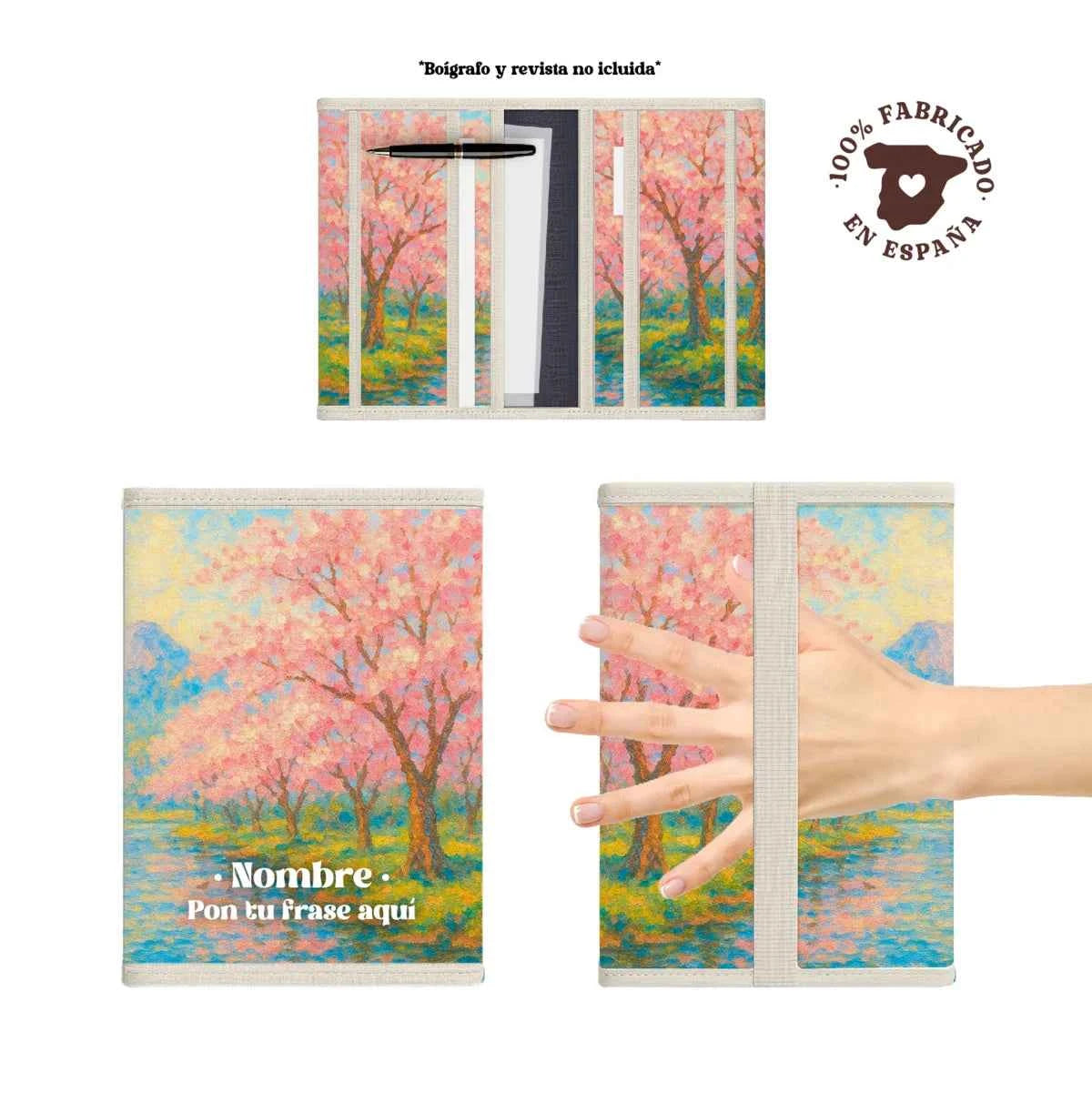 Portadocumentos Cerezos en tonos pastel, tejido ligero y ligeramente acolchado, 100% fabricado en España.