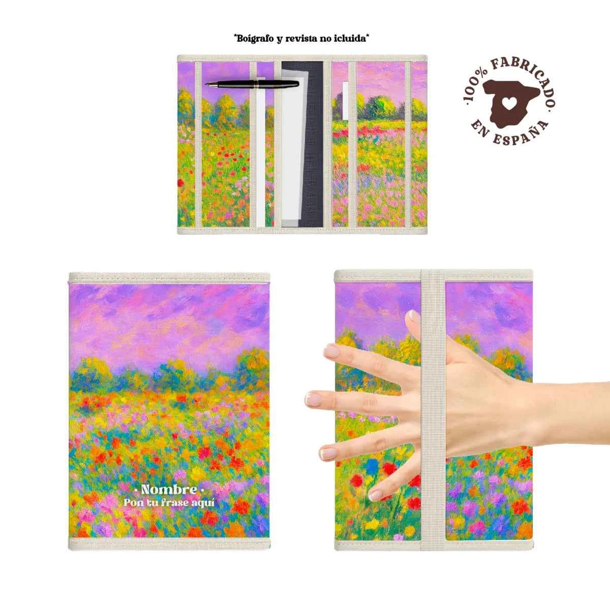 Portadocumentos acolchado, ligero y 100% fabricado en España, con estampado Floral Impresionista en tonos rosados y lilas.