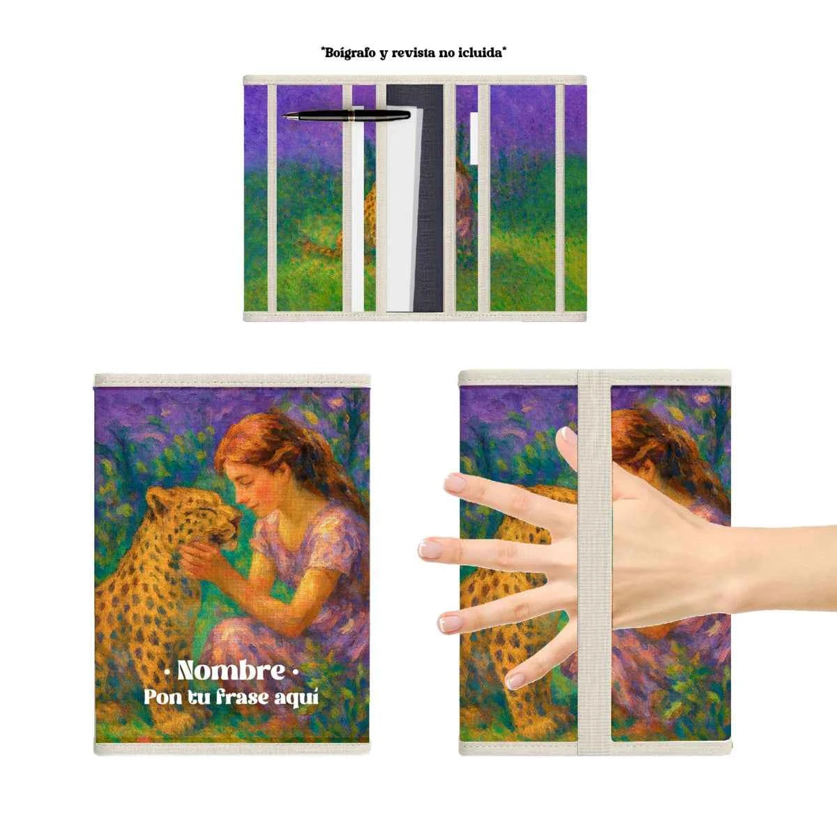 Portadocumentos Niña y Leopardo en tonos verdes y morados, tejido ligero y ligeramente acolchado, 100% fabricado en España.