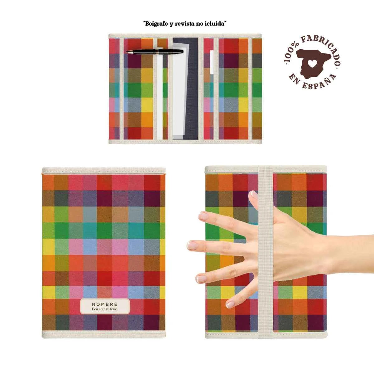 Portadocumentos Pixel Party en estampado multicolor de cuadros, acolchado, ligero y fabricado 100% en España.