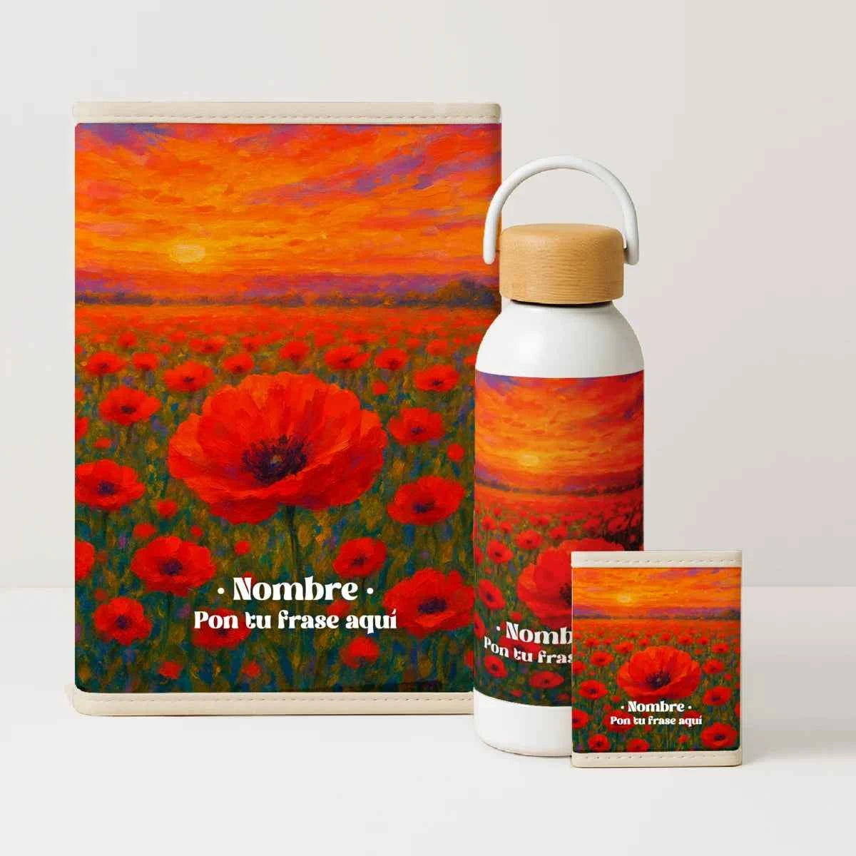 Pack Organizados Amapolas con portadocumentos, porta tarjetas y bidón en estampado de campo de amapolas rojas al atardecer.
