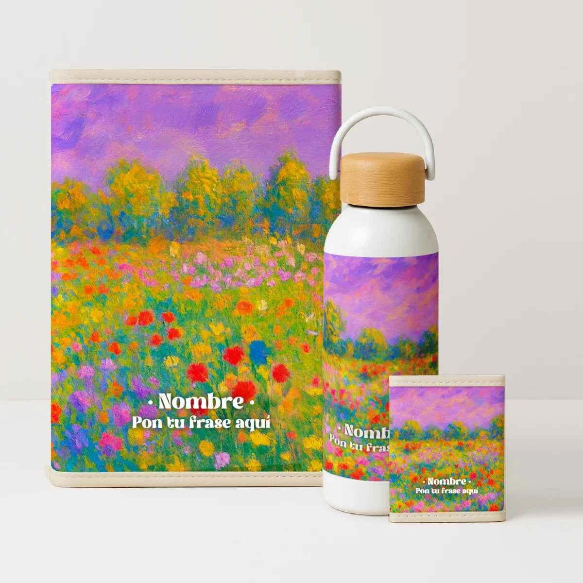 Pack Organizados con portadocumentos, porta tarjetas y bidón, estampado Floral Impresionista con tonos rosados, lilas, verdes y amarillos.