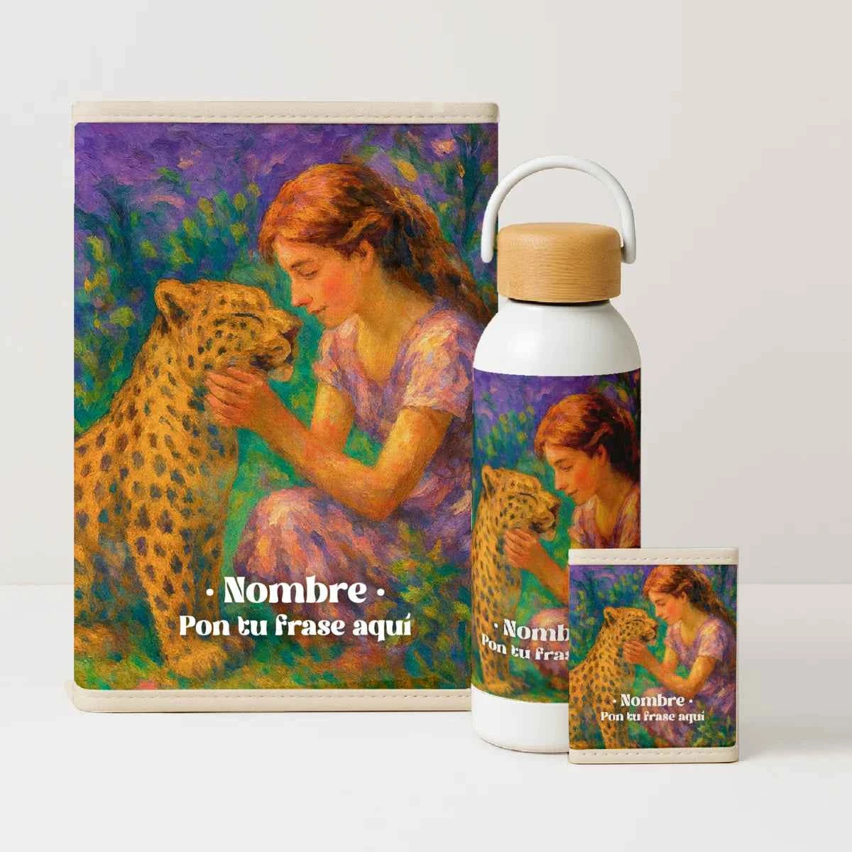 Pack Organizados colección Niña y Leopardo con tonos verdes, morados y dorados en estilo pictórico.