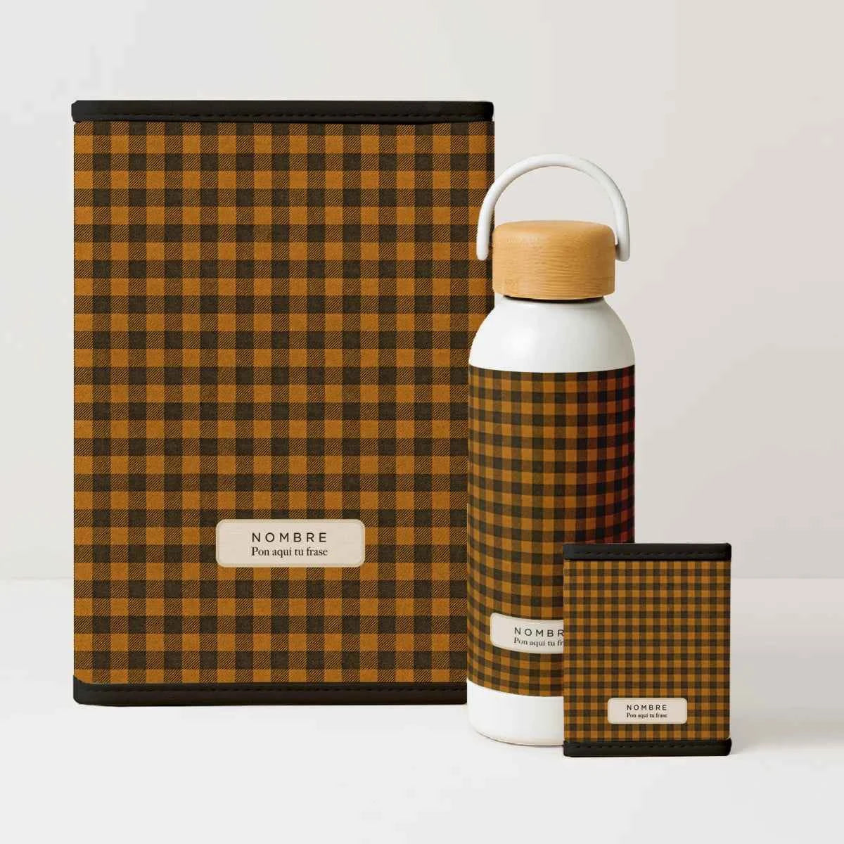 Pack Organizados Vichy Bee con portadocumentos, porta tarjetas y bidón en tonos cálidos estilo vichy miel.