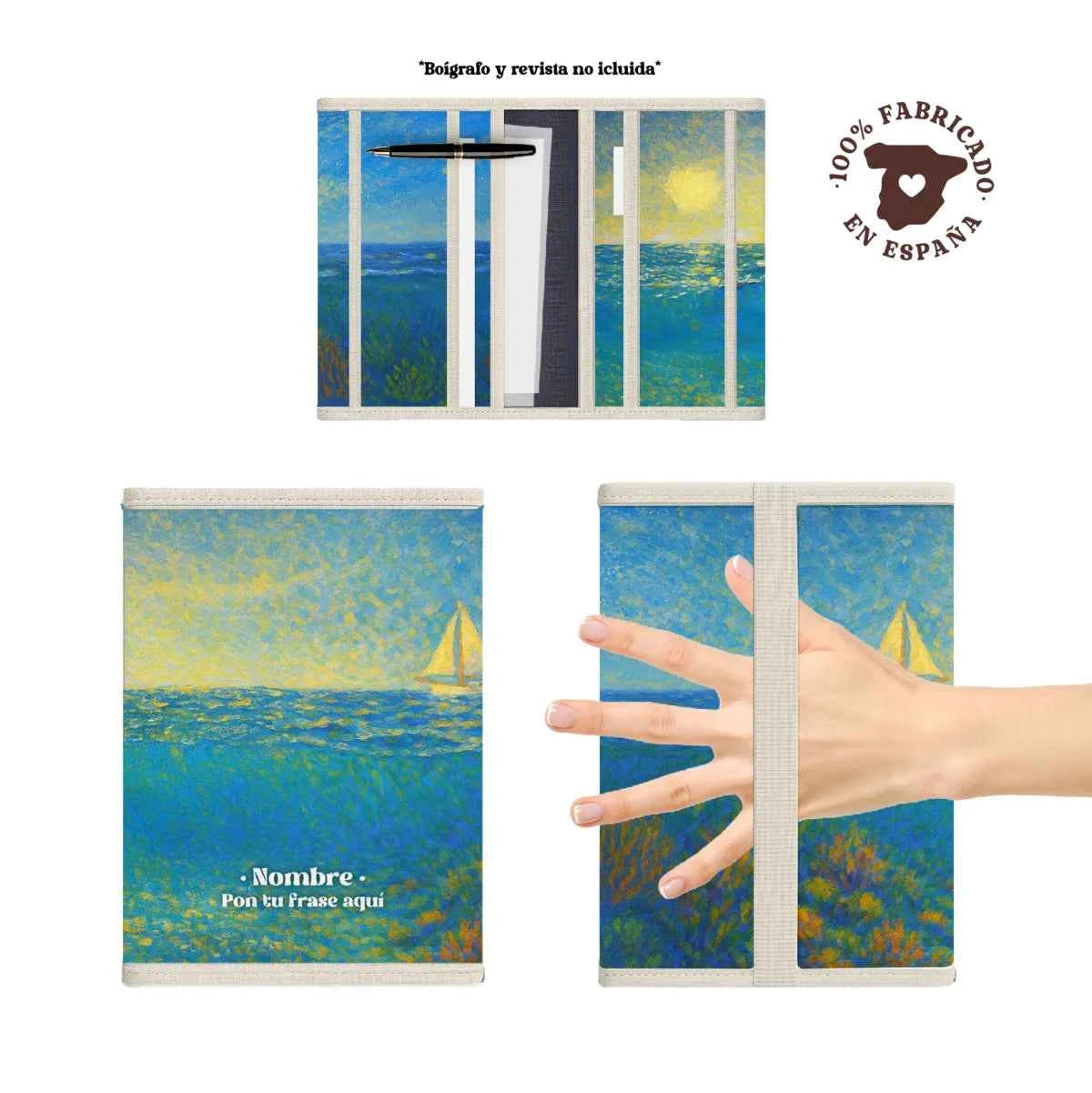 Portadocumentos acolchado, ligero y 100% fabricado en España con estampado Velero en tonos azules y turquesas.