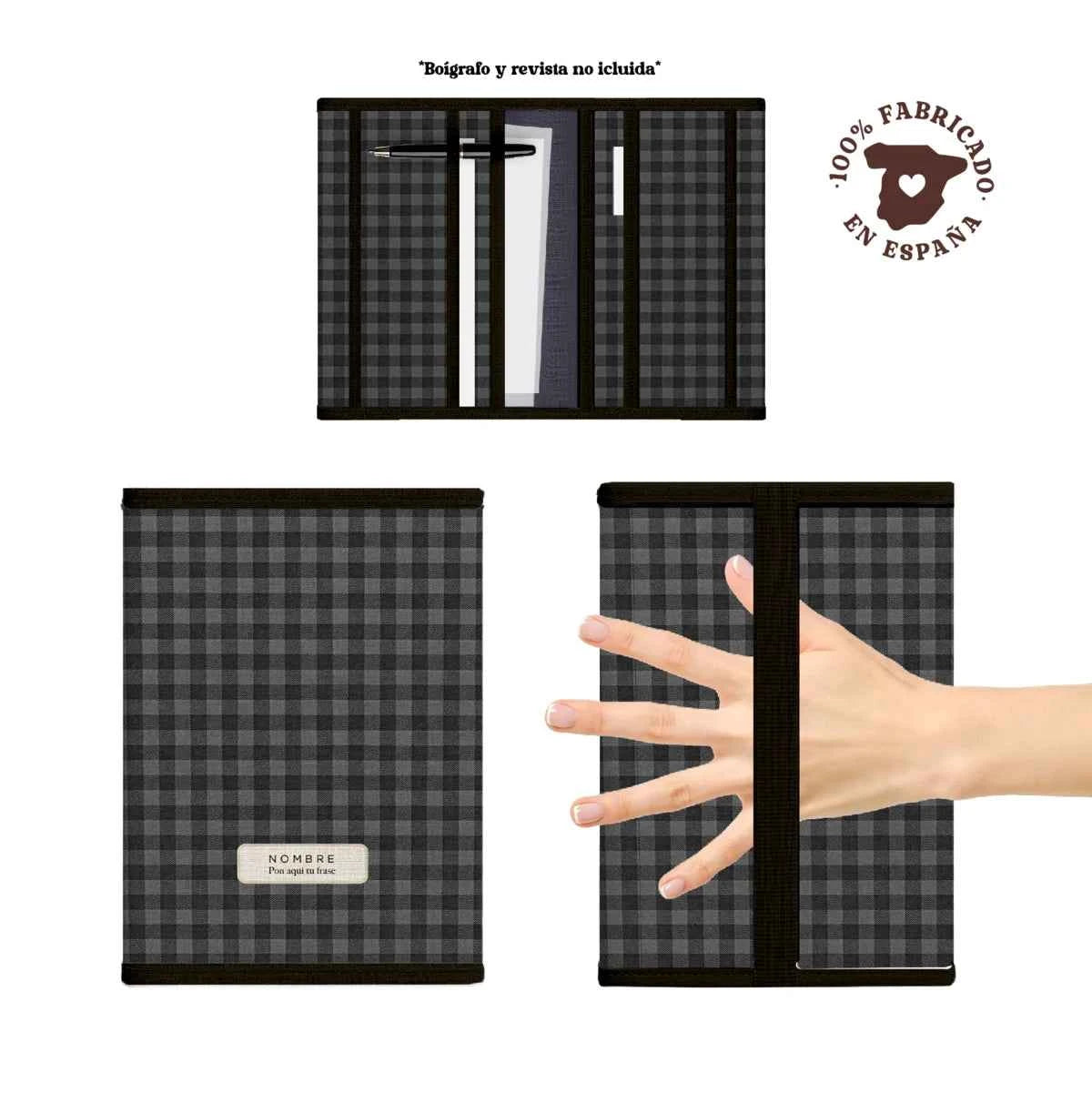 Portadocumentos vichy gris, tejido ligero y acolchado para revistas y tratados; fabricado 100% en España.