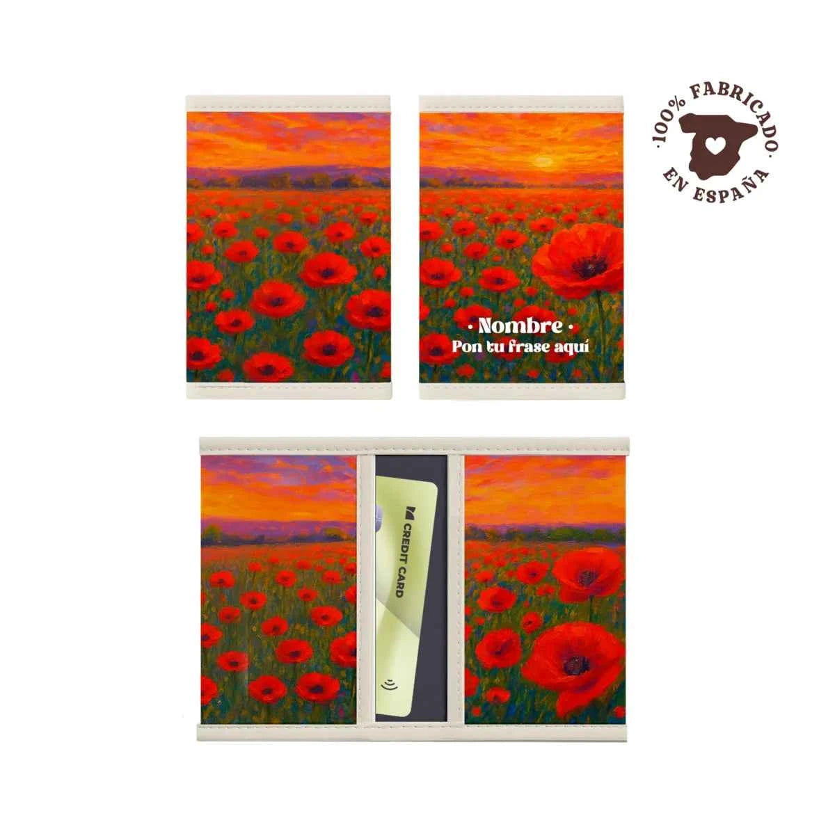 Porta tarjetas Amapolas con estampado rojo vibrante, fabricado 100% en España.