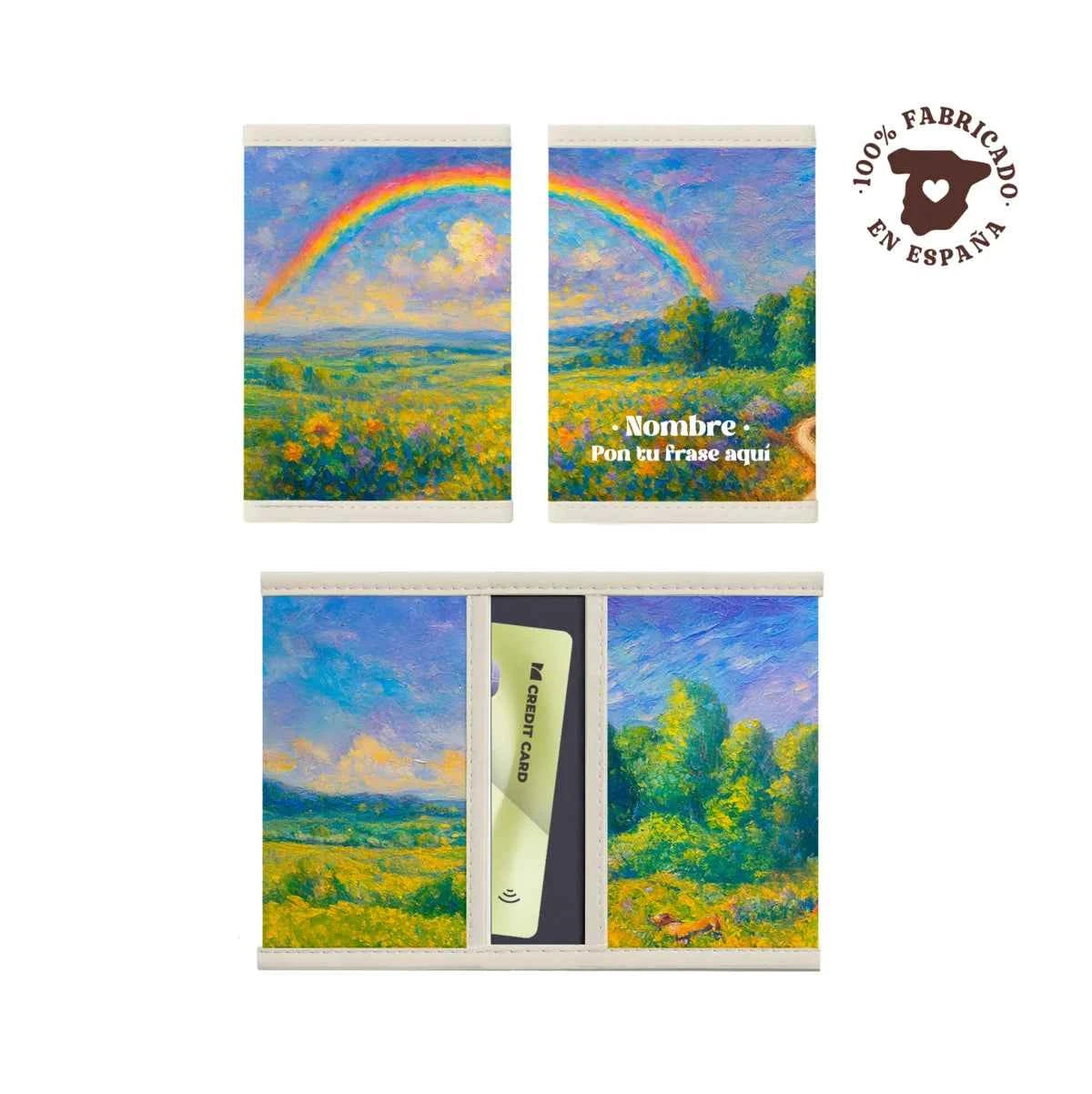 Porta tarjetas Arcoíris con pinceladas verdes y arcoíris, fabricado 100% en España.