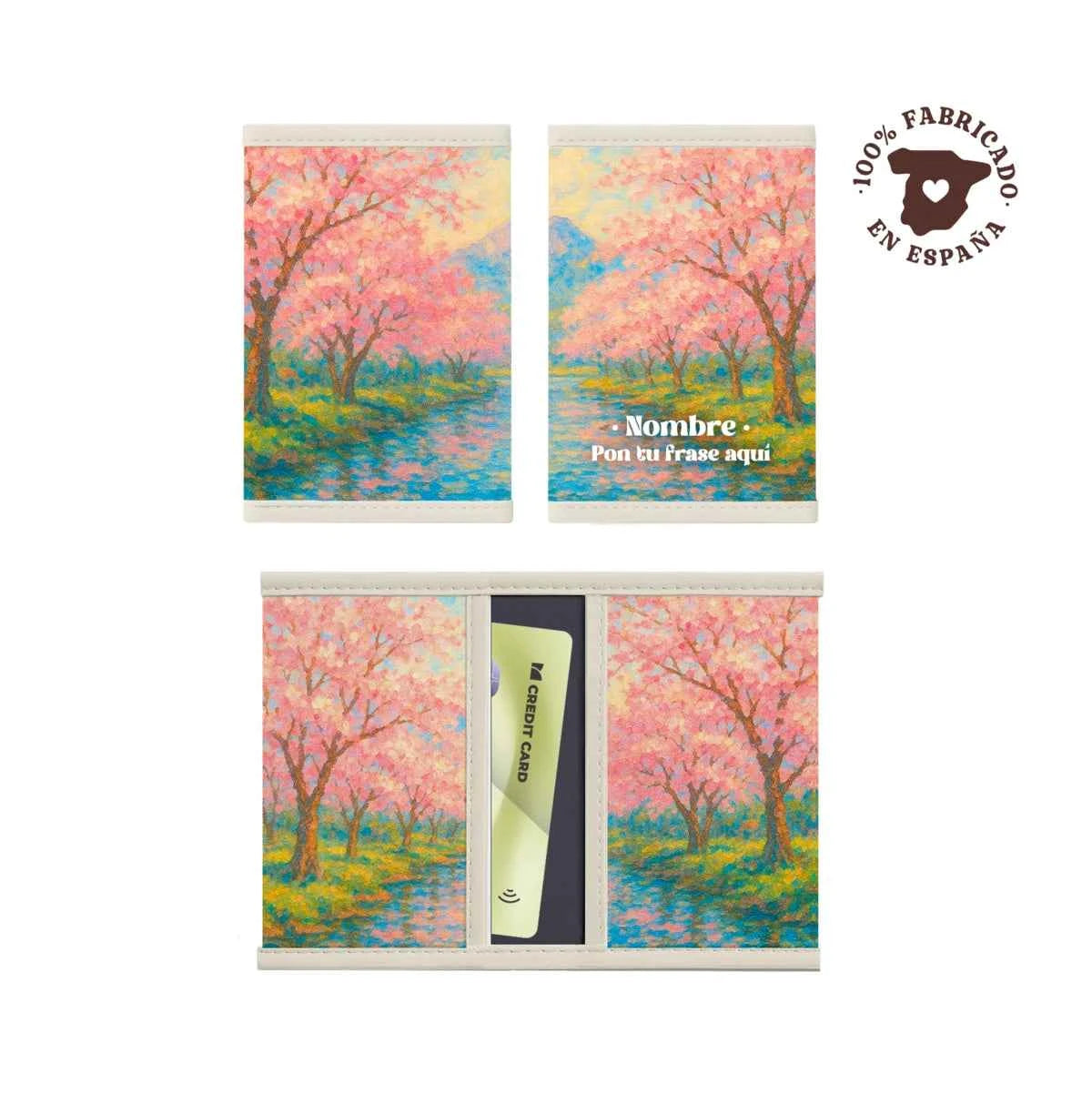 Porta tarjetas Cerezos con estampado en tonos pastel rosados, 100% fabricado en España.