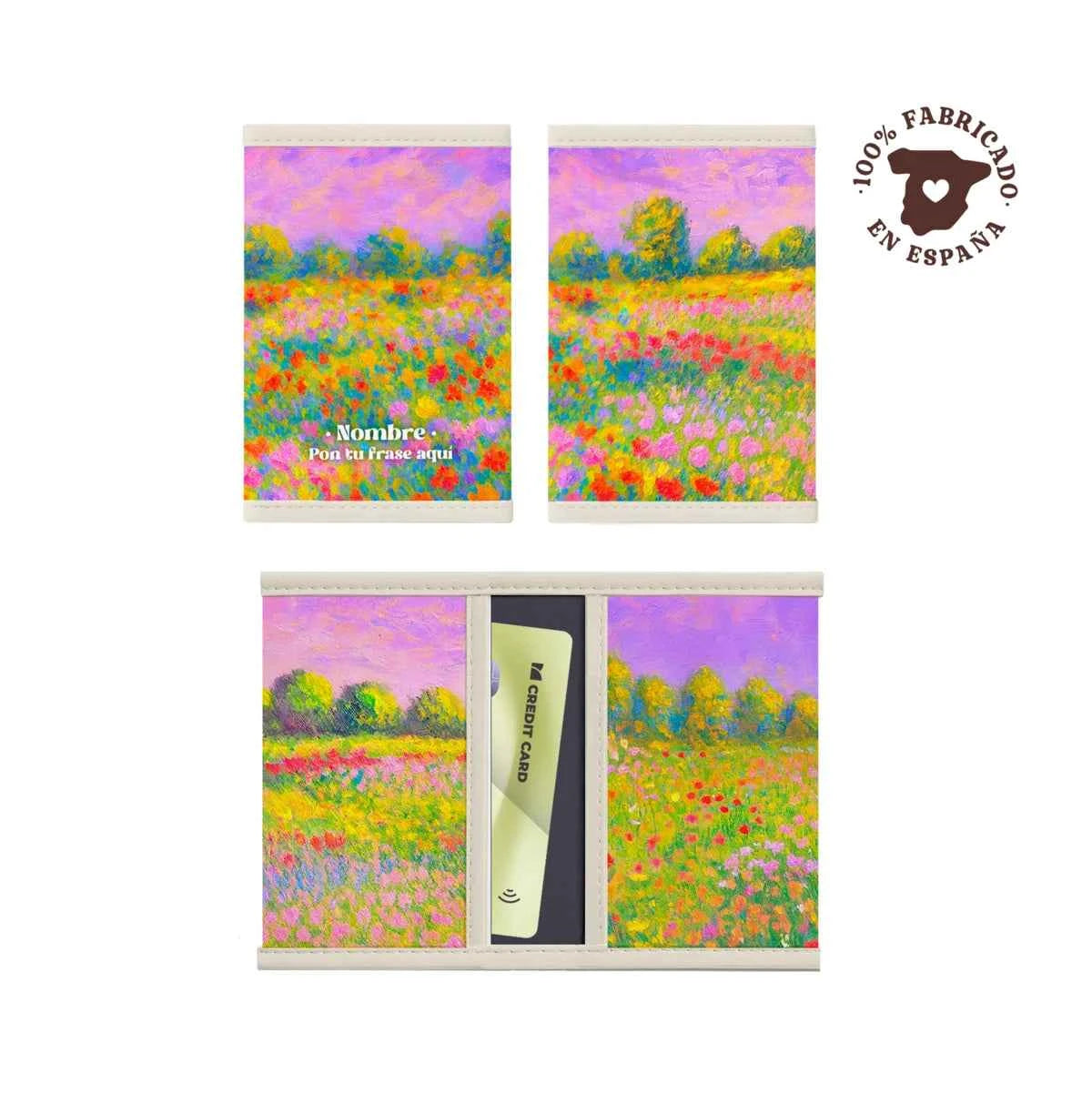 Porta tarjetas 100% fabricado en España con diseño Floral Impresionista en tonos rosados, amarillos y lila.