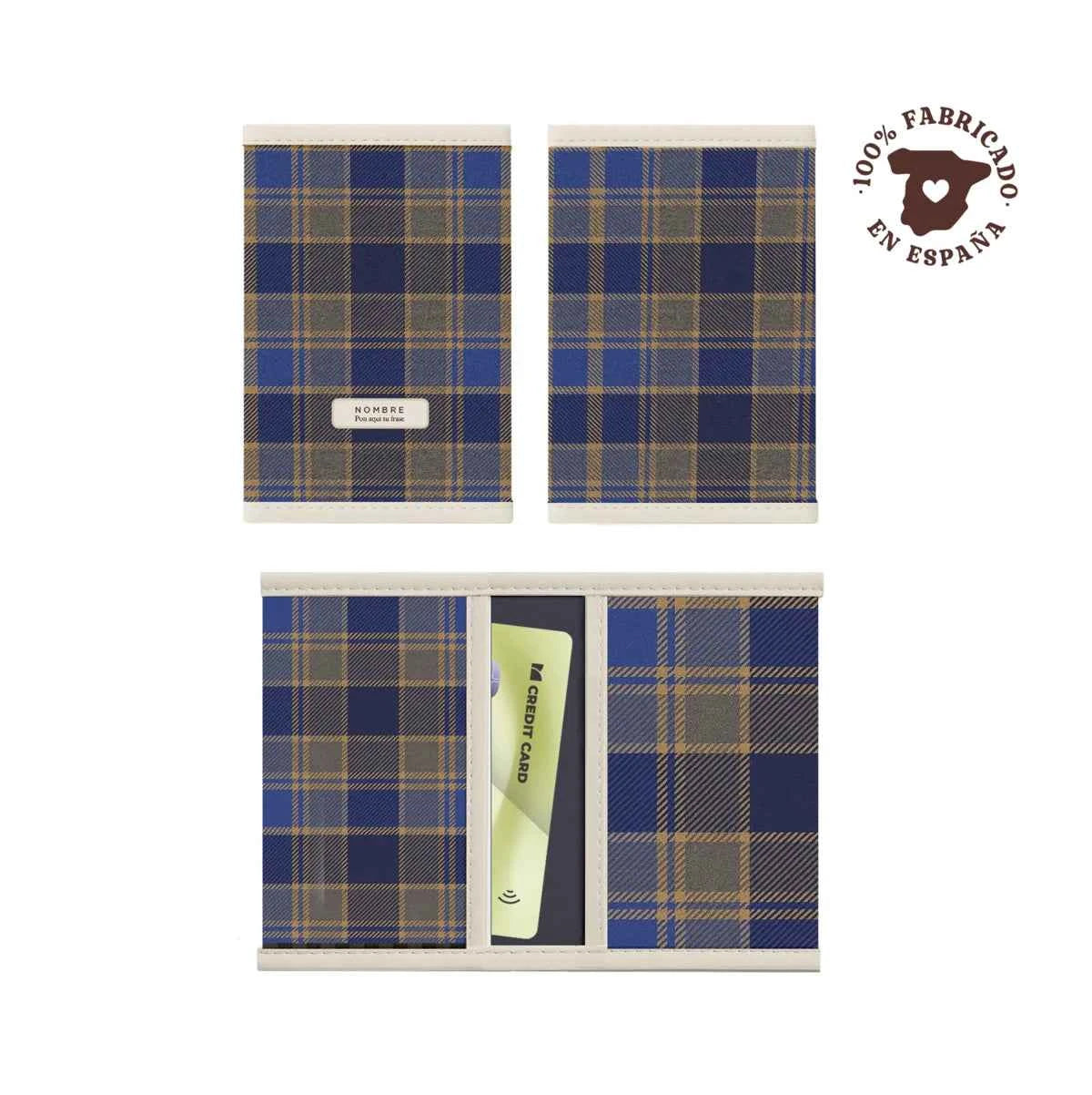 Porta tarjetas tartán azul fabricado 100% en España, personalizable con nombre y frase.
