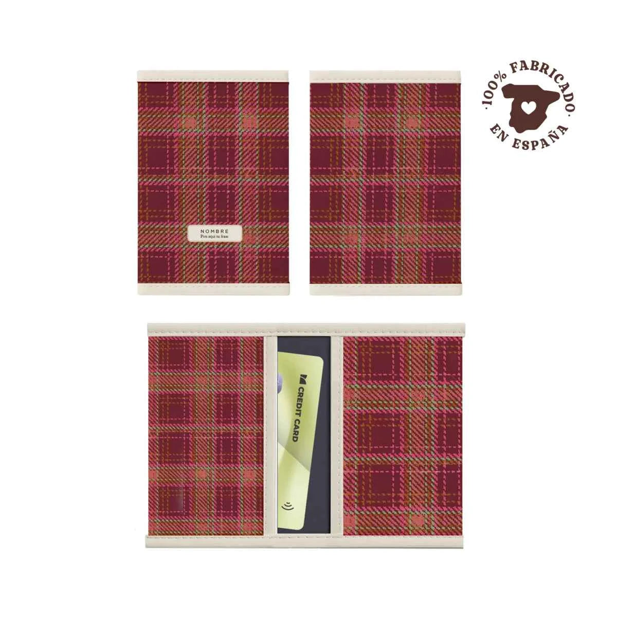 Porta tarjetas tartán granate fabricado 100% en España con diseño clásico y personalizable.