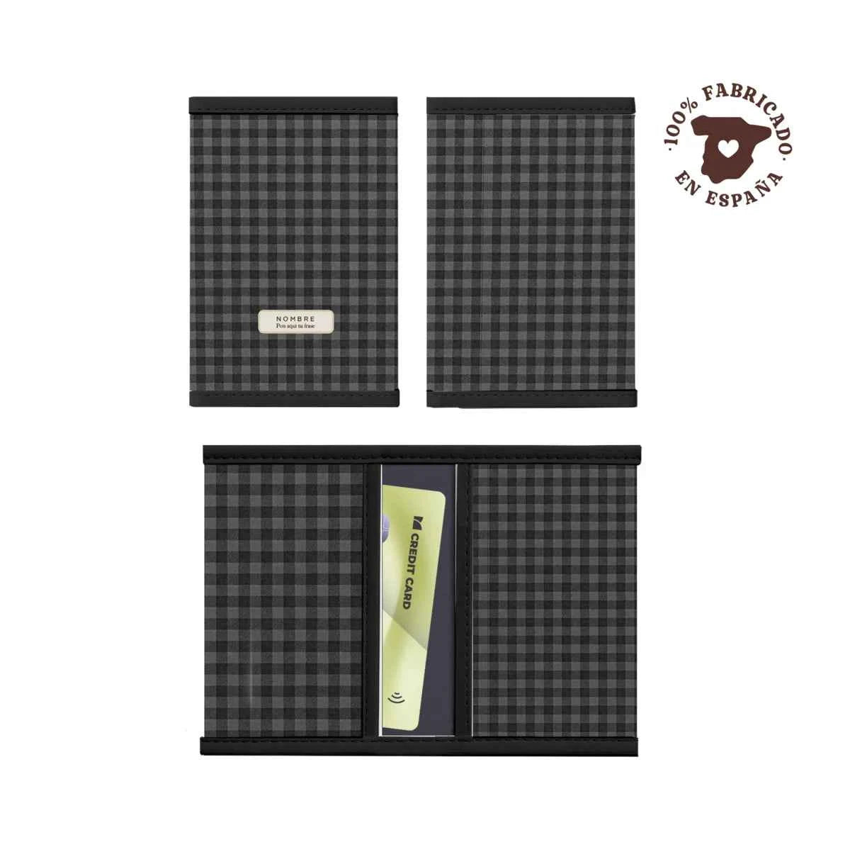 Porta tarjetas vichy gris fabricado 100% en España, personalizable con nombre y frase.