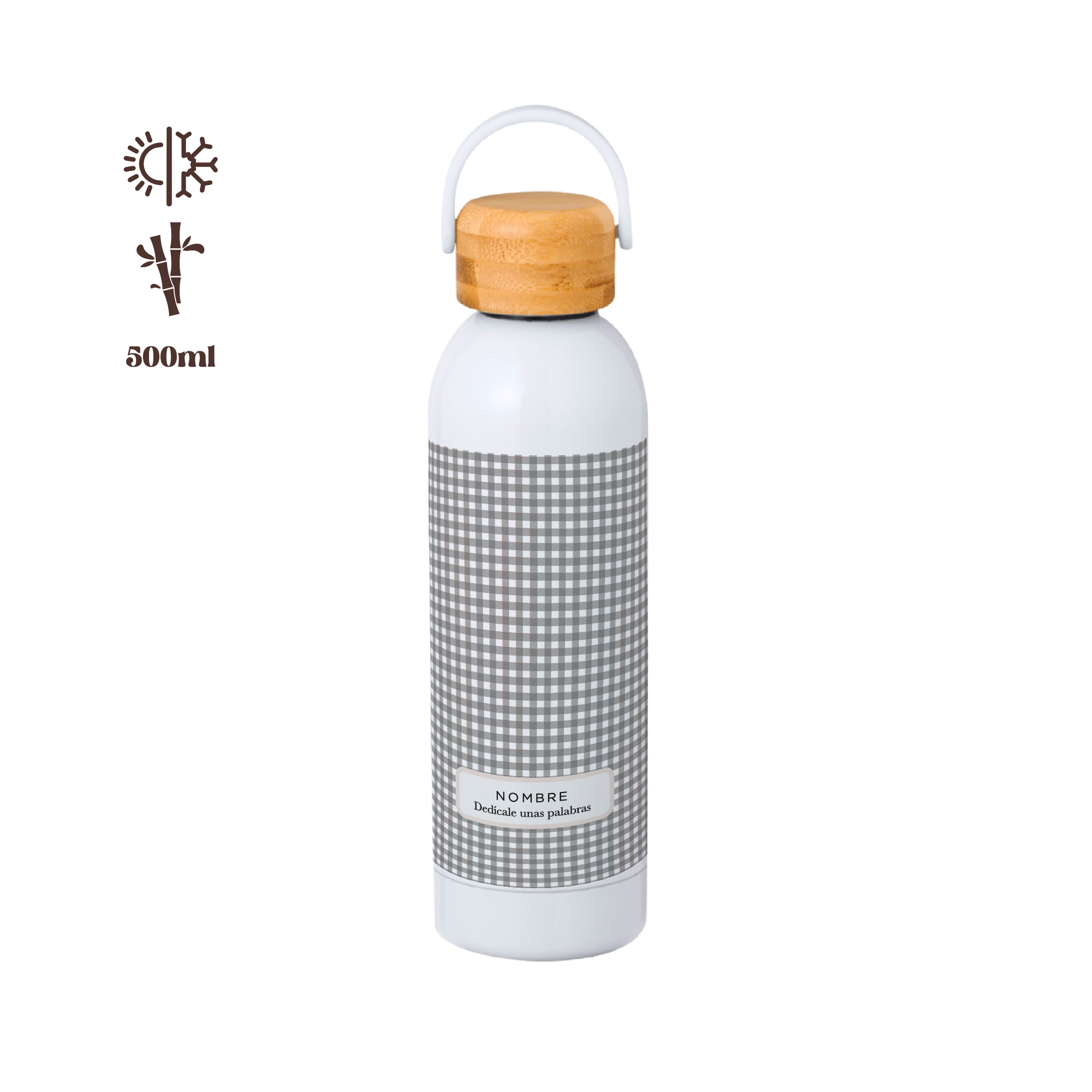 Bidón térmico 500ml Vichy Gris con tapón de bambú. Personalizable, ligero y resistente. Diseño neutro gris-blanco ideal para estudio, trabajo, viajes y uso diario.