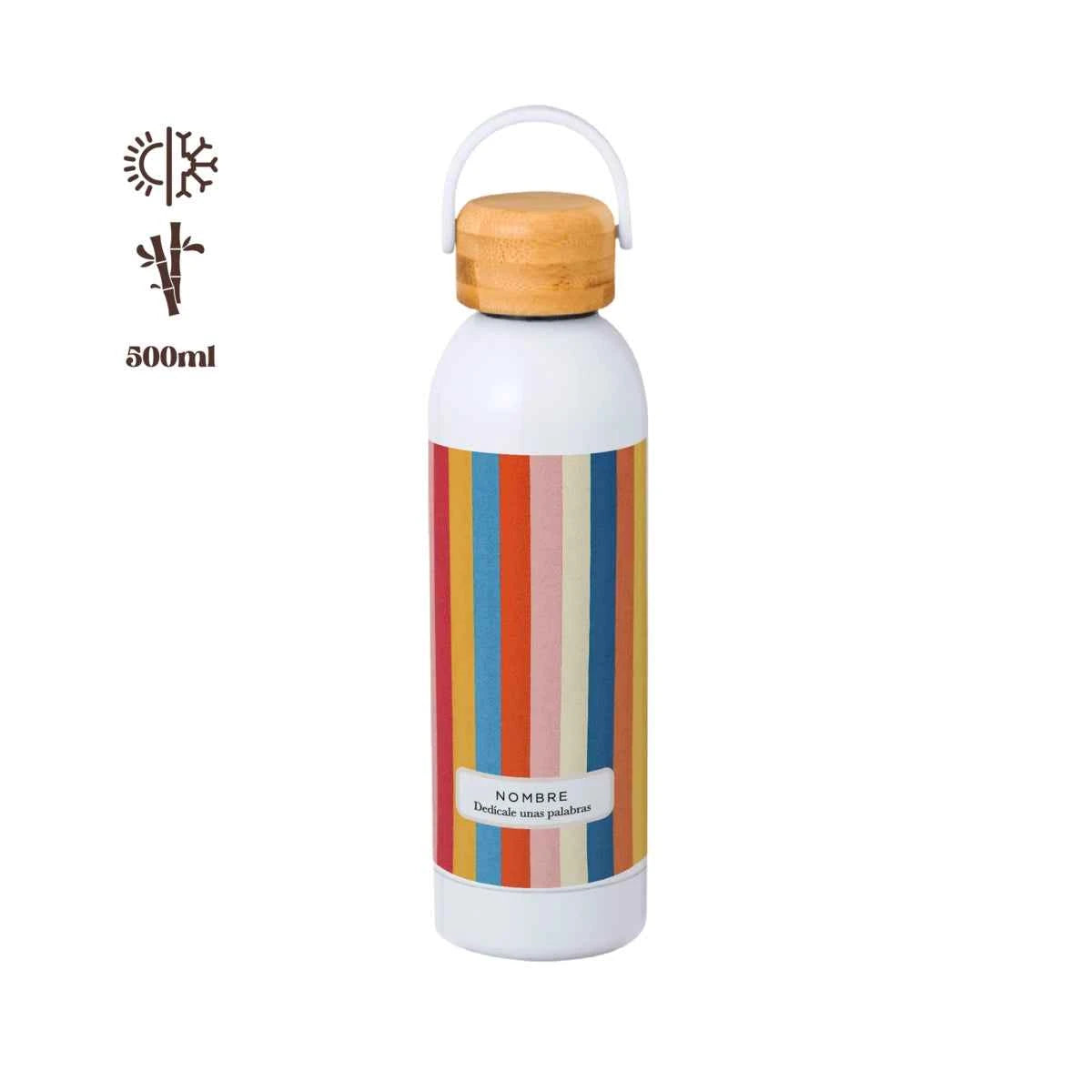 Bidón térmico 500 ml con tapón de bambú y estampado Carnivale. Ligero, duradero y personalizable.