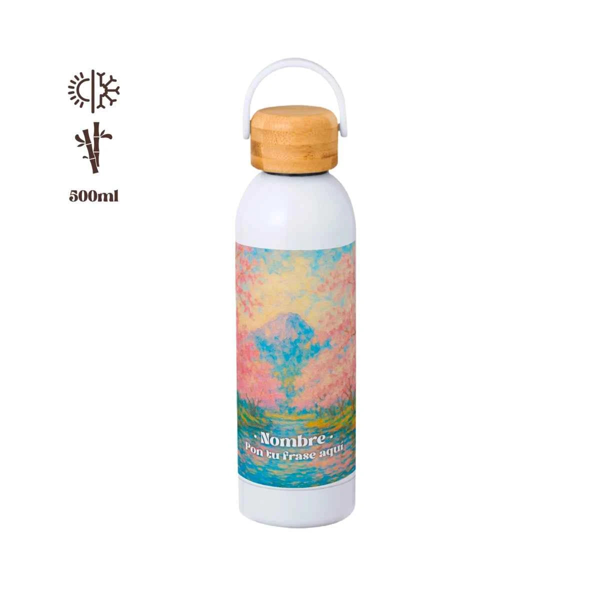 Bidón térmico 500 ml con tapón de bambú y estampado Cerezos en tonos rosados y azules. Personalizable.