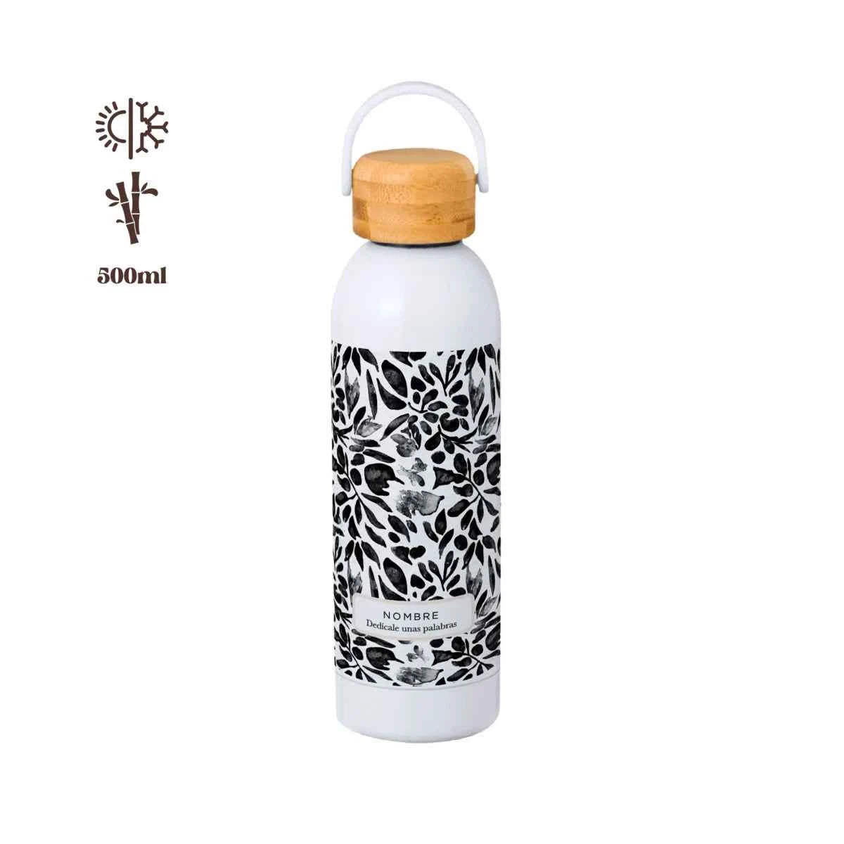 Bidón térmico 500 ml con tapón de bambú y estampado Floral Negro elegante. Personalizable.