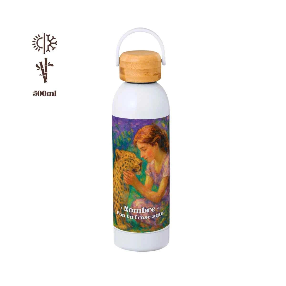 Bidón térmico 500 ml con tapón de bambú y estampado Niña & Leoparde. Ligero, resistente y personalizable.