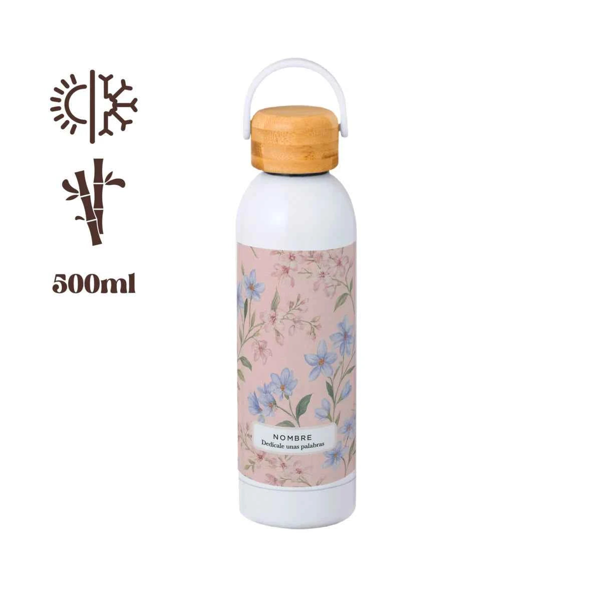 Bidón térmico 500 ml con tapón de bambú y estampado floral Pink Lady. Ligero, duradero y personalizable.