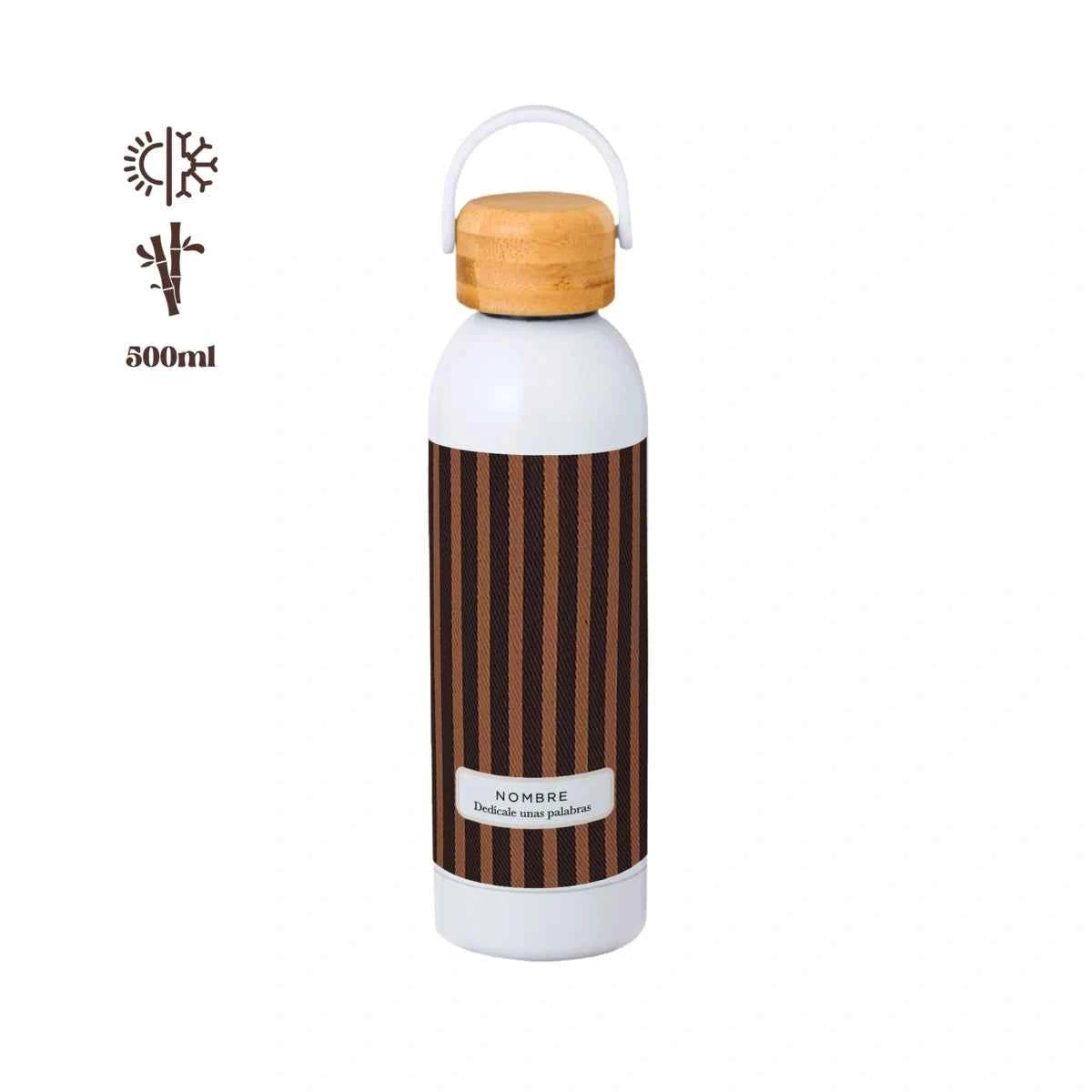 Bidón térmico 500 ml con tapón de bambú y estampado Rayado Capuccino. Rayas cálidas en tonos café. Ligero y personalizable.