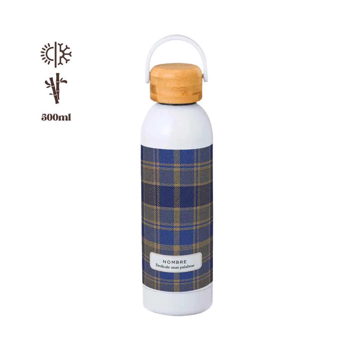 Bidón térmico 500 ml con tapón de bambú y estampado Tartán Cobalto en tonos azul profundo y beige. Personalizable.