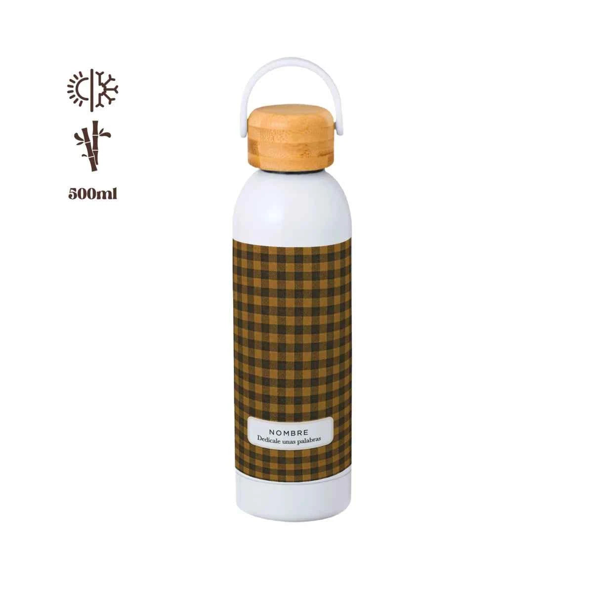 Bidón térmico 500 ml con tapón de bambú y estampado Vichy Bee en tonos miel y negro. Personalizable con nombre y frase.