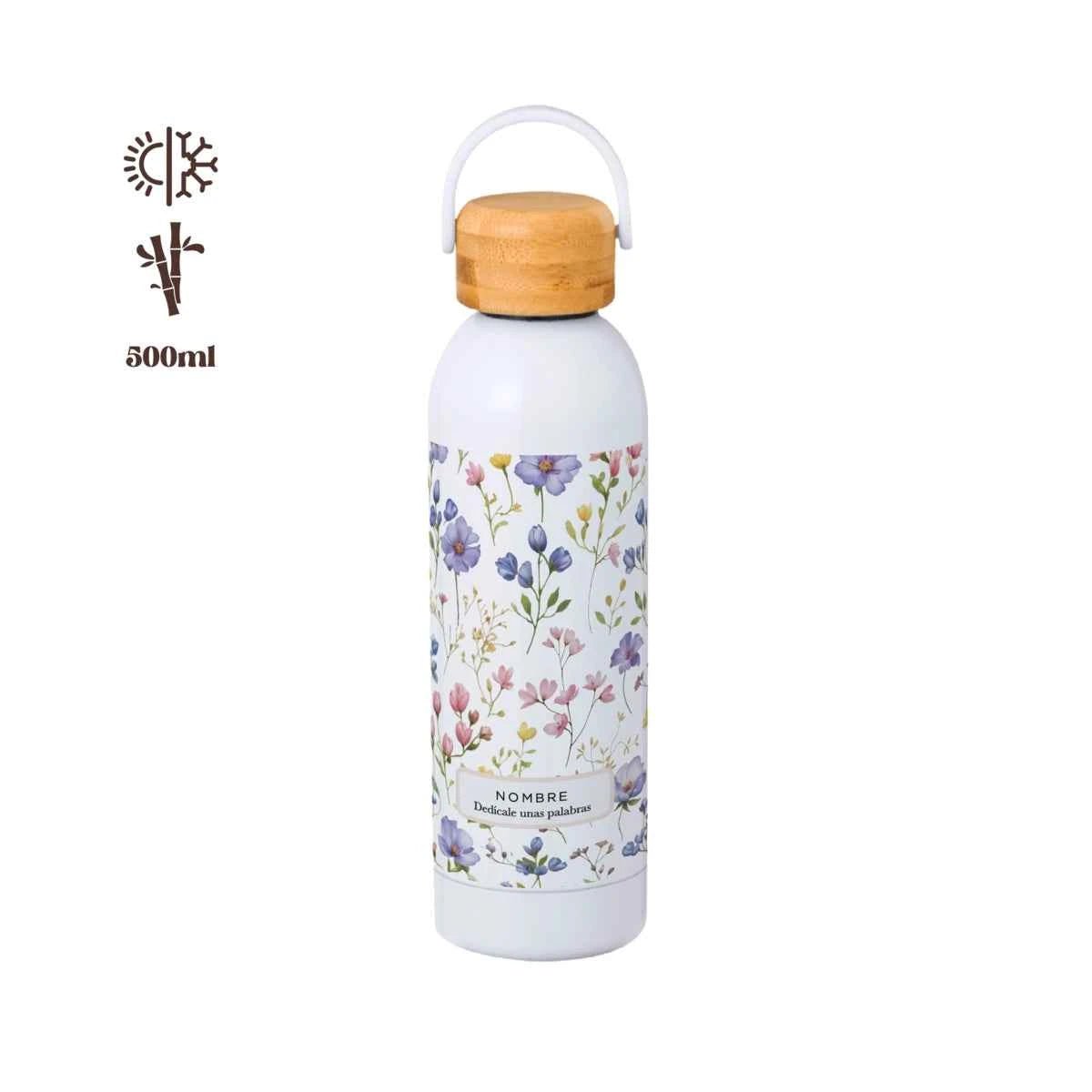 Bidón térmico 500 ml con tapón de bambú y estampado floral Violetas. Ligero y personalizable.