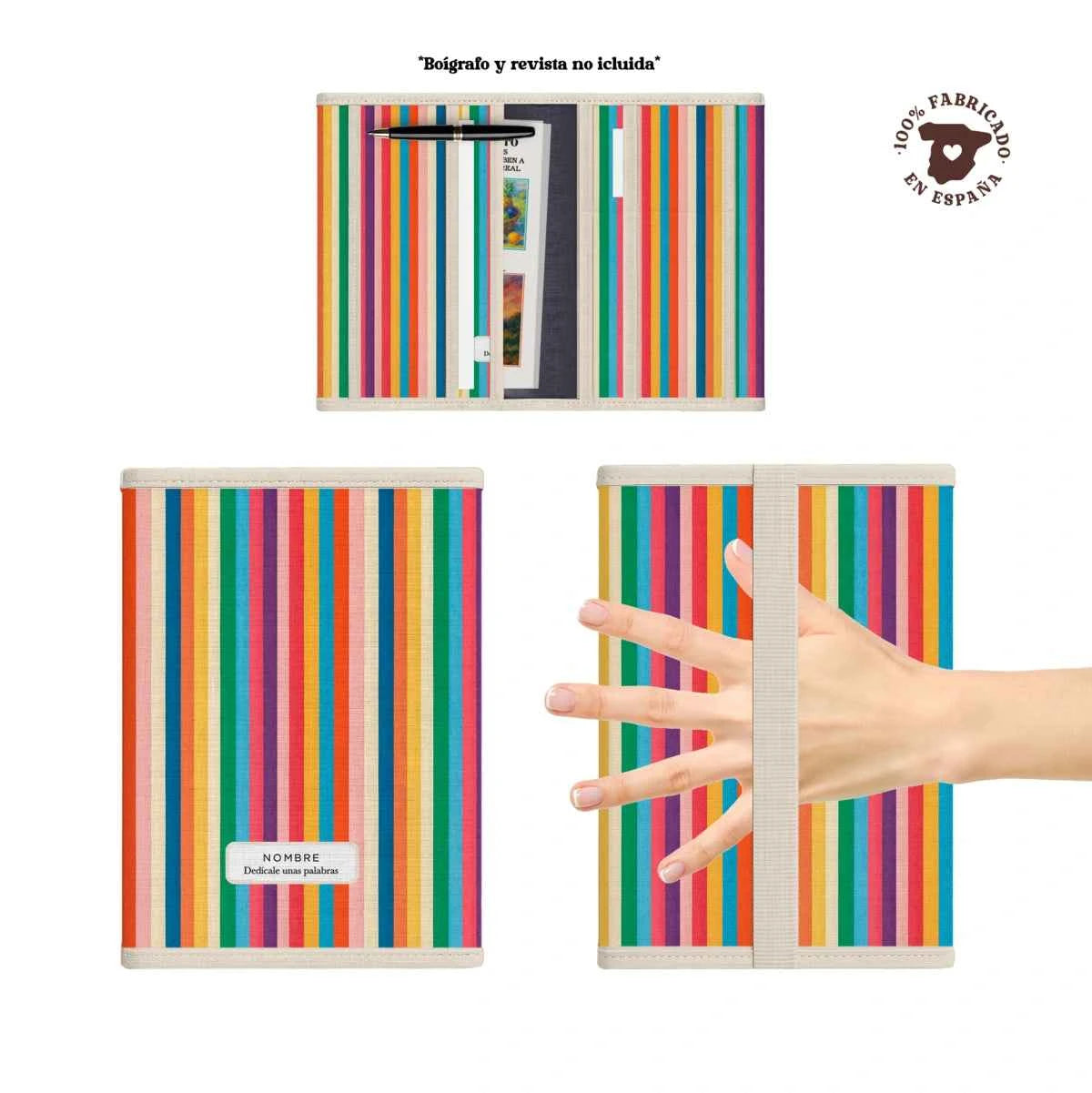 Portadocumentos acolchado Carnivale con compartimentos interiores y asa trasera. Rayas multicolor. Fabricación española.