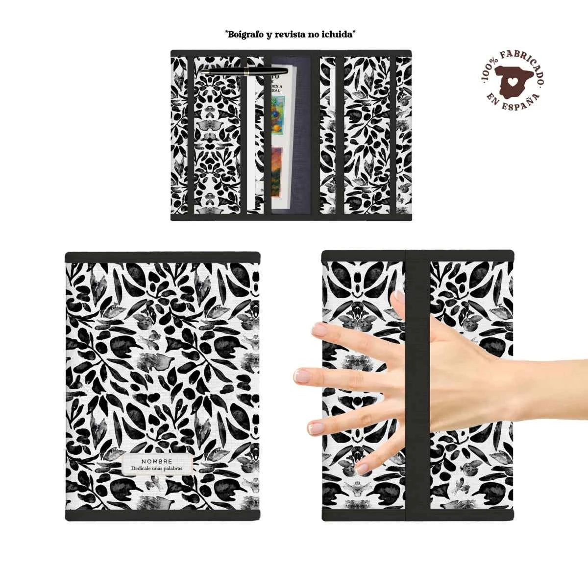 Portadocumentos acolchado con compartimentos interiores y asa trasera. Estampado Floral Negro sofisticado. 100% hecho en España.