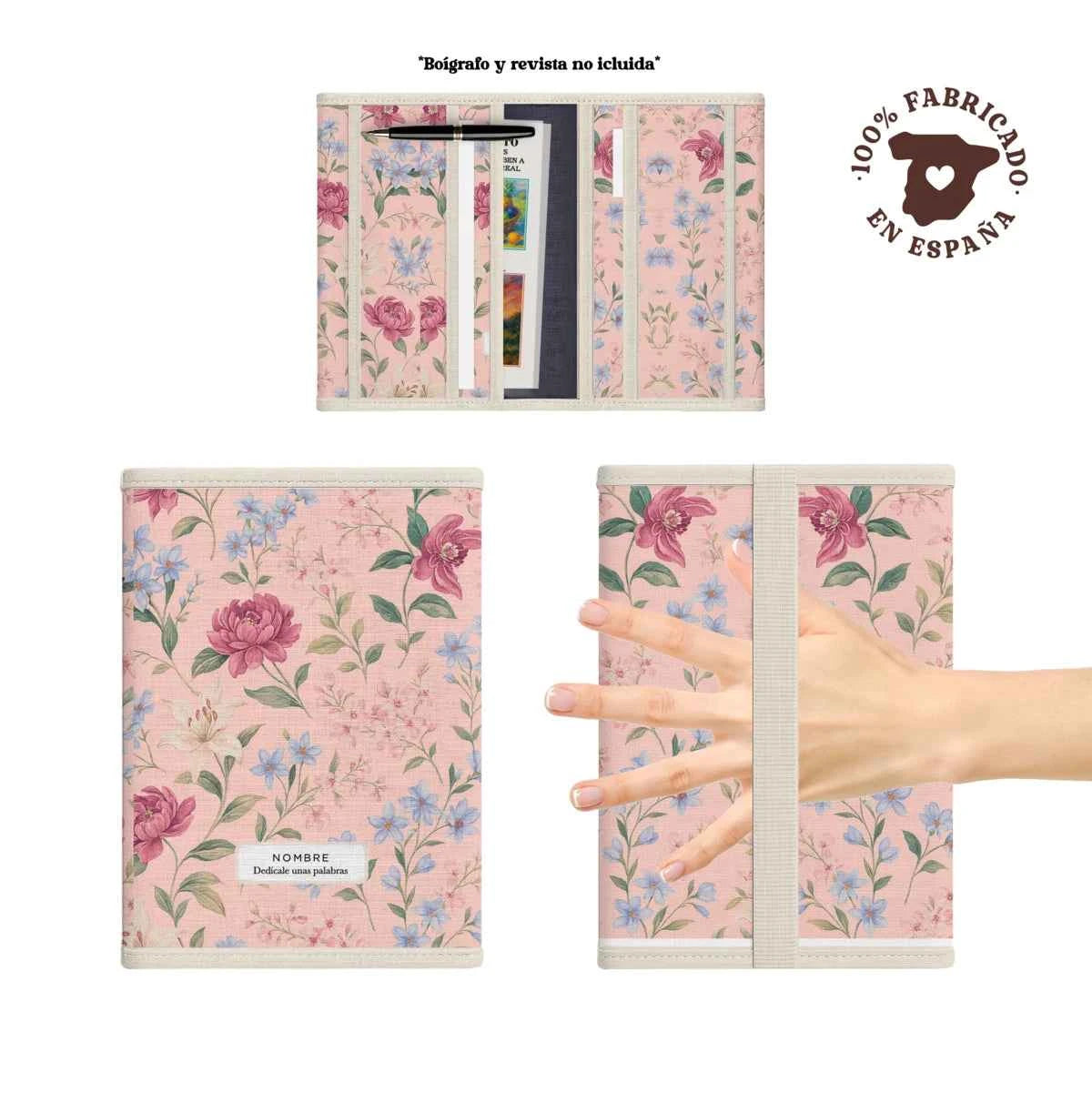 Portadocumentos acolchado floral Pink Lady con compartimentos internos y asa trasera. Fabricación 100% española.