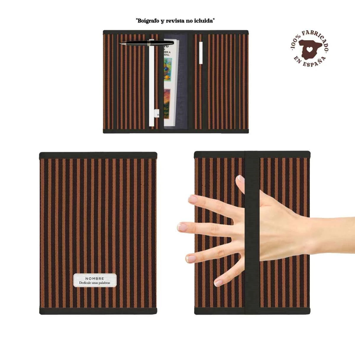 Portadocumentos acolchado Rayado Capuccino con compartimentos interiores y asa trasera. Tonos marrón cálidos. Hecho en España.