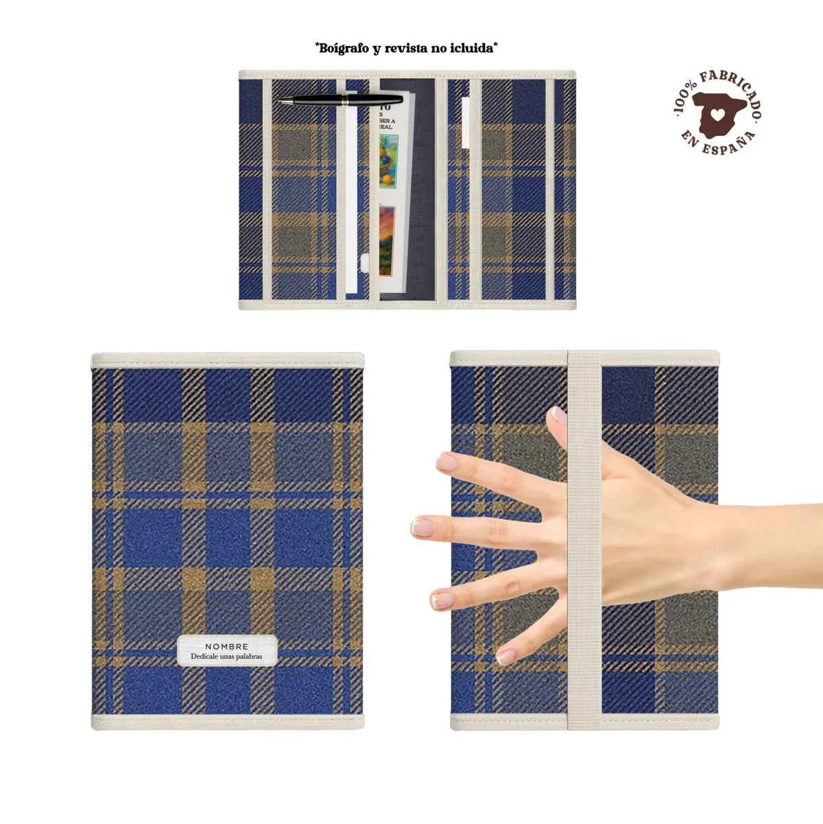 Portadocumentos acolchado 100% fabricado en España, con bolsillos 25×19 y 25×9 cm. Estampado Tartán Cobalto azul y beige.