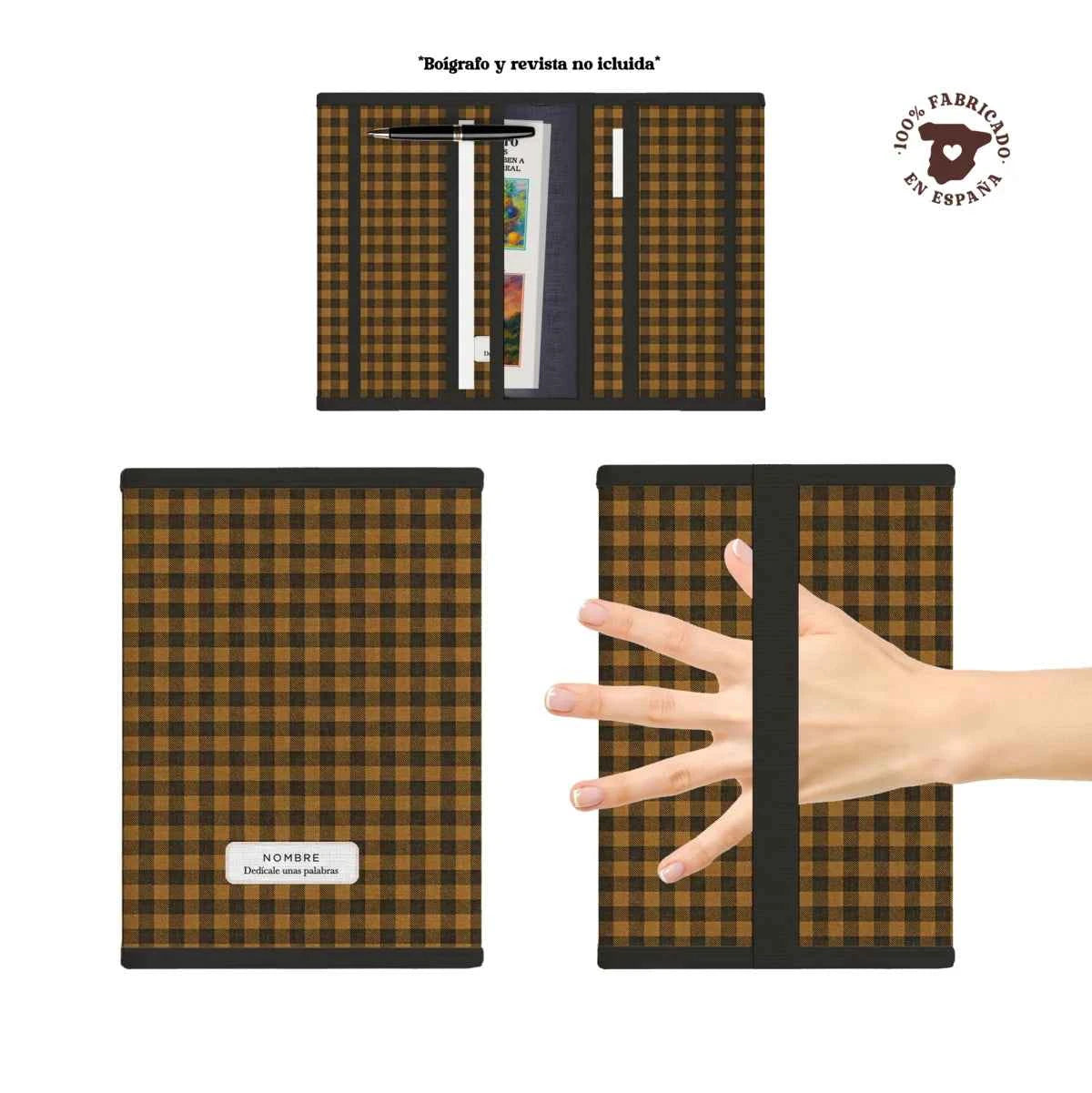 Portadocumentos acolchado y ligero, 100% fabricado en España, con bolsillos interiores 25×19 y 25×9 cm. Estampado Vichy Bee tonos miel y negro.