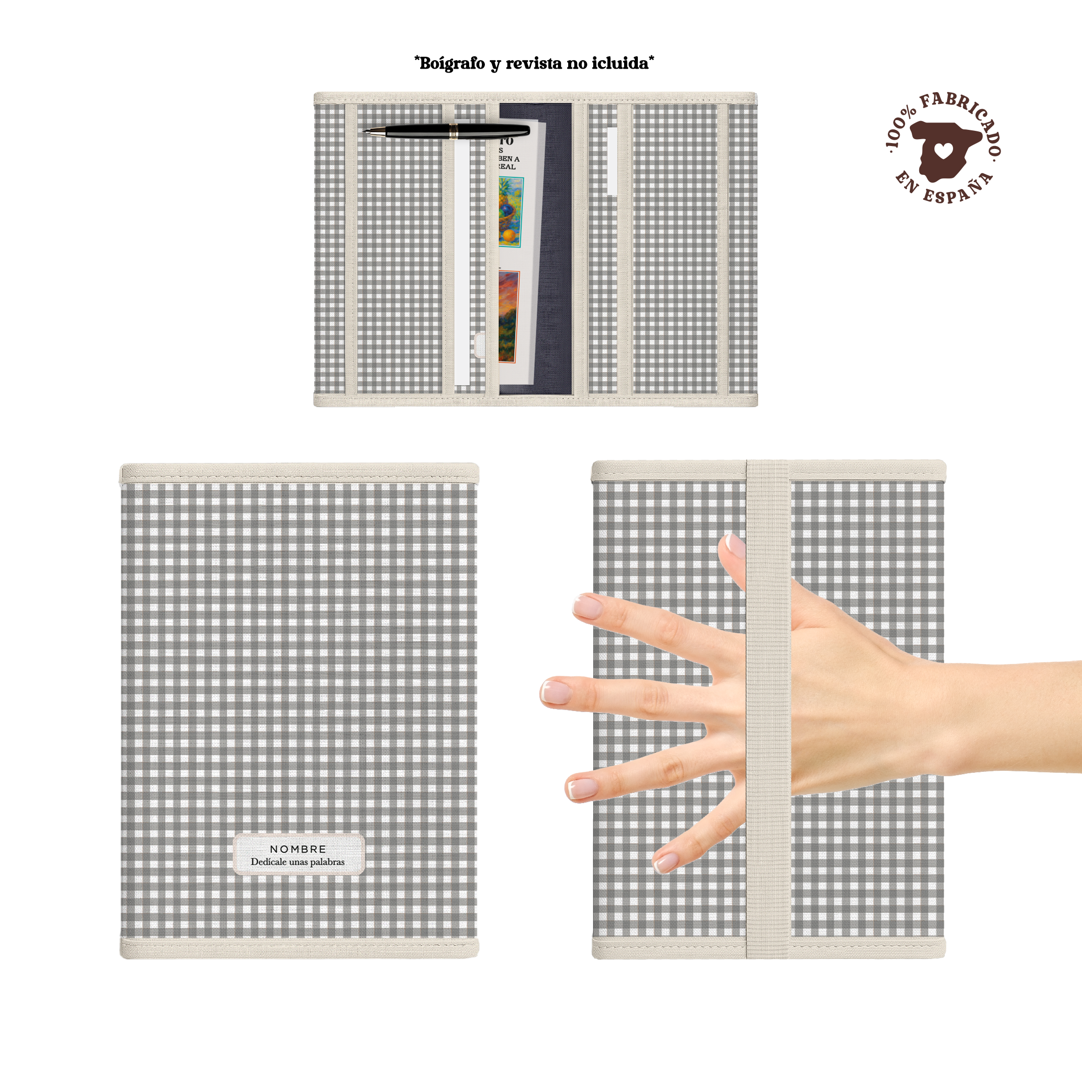 Portadocumentos acolchado Vichy Gris en tonos neutros. Fabricado 100% en España. Medidas 27x19 cm con bolsillos interiores 25x19 cm y compartimento para tarjetas. Perfecto para documentos, pasaporte y cuadernos.