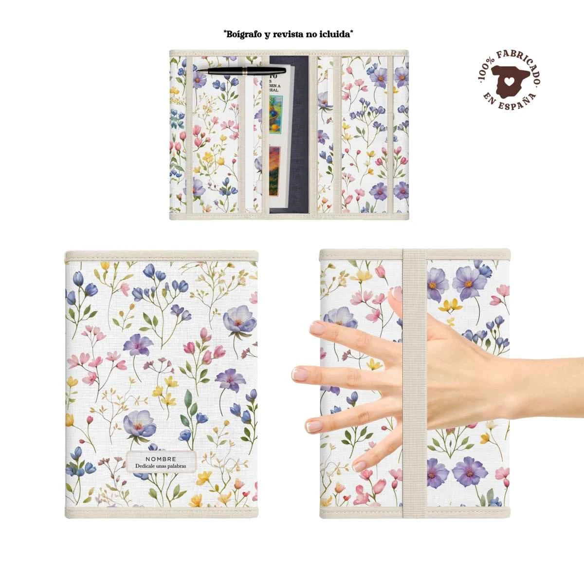 Portadocumentos acolchado con compartimentos interiores y asa trasera, en estampado Violetas. Fabricado en España.