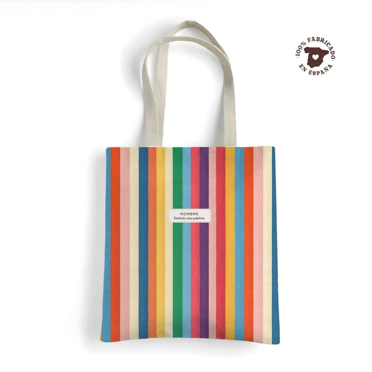 Tote bag resistente con estampado Carnivale de rayas verticales multicolor. Diseño alegre y personalizable. Hecha en España.