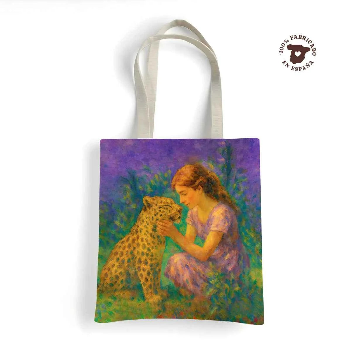 Tote bag resistente con estampado artístico Niña & Leoparde en tonos verdes, violetas y dorados. Personalizable y fabricada en España.